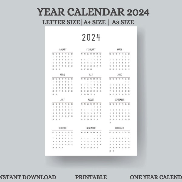 Yearly Calendar 2024, 2024 Year Calendar Printable, Year at a Glance, Minimalist calendar 2024, A4/ A3/ Letter, Sunday/ Monday Start