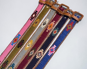 Cintura in pelle pieno fiore realizzata a mano, cintura con ricamo geometrico, cintura artigianale guatemalteca, regalo unico in pelle – Taglia 42 – Accessorio boho unisex