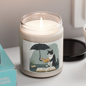 Scented Candle Cat reading in rain for Cat lovers Gift Idea Candle Gift Idea for Book Reader Creative Candle for Home Decor Gift Idea