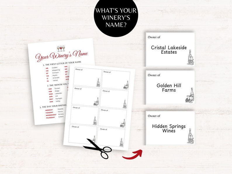 What's your Winery's Name with name tags. Included in this wine themed party game bundle.