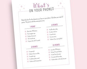Puede incluir: Un juego imprimible con fondo rosa y texto blanco. El juego se llama "What's on your phone?" y pide a los jugadores que marquen las casillas de los elementos que tienen en su teléfono. El juego está dividido en tres secciones: 1 punto, 3 puntos y 10 puntos.