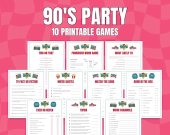 Giochi per feste anni '90, 10 giochi per feste a tema anni '90 stampabili, divertente pacchetto di giochi per compleanni anni '90, gioco a quiz anni '90, giochi per feste anni '90, ritorno agli anni '90