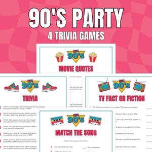 90s Trivia Games, 4 Printable 90s Themed Party Trivia Games, Fun 90s Quiz Games: Movie Quotes, TV Fact or Fiction, Match the Song and Trivia