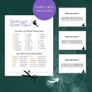 This What's your Witch Name Game includes tyhe WItch Name Tags