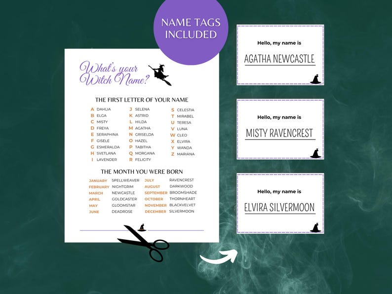 This What's your Witch Name Game includes tyhe WItch Name Tags