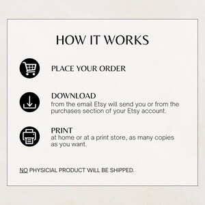 How it works: place the order, download from the email Etsy will send you or from the purchases section of your Etsy account and print at home or at a print store as many copies as you want. No physical product will be shipped.
