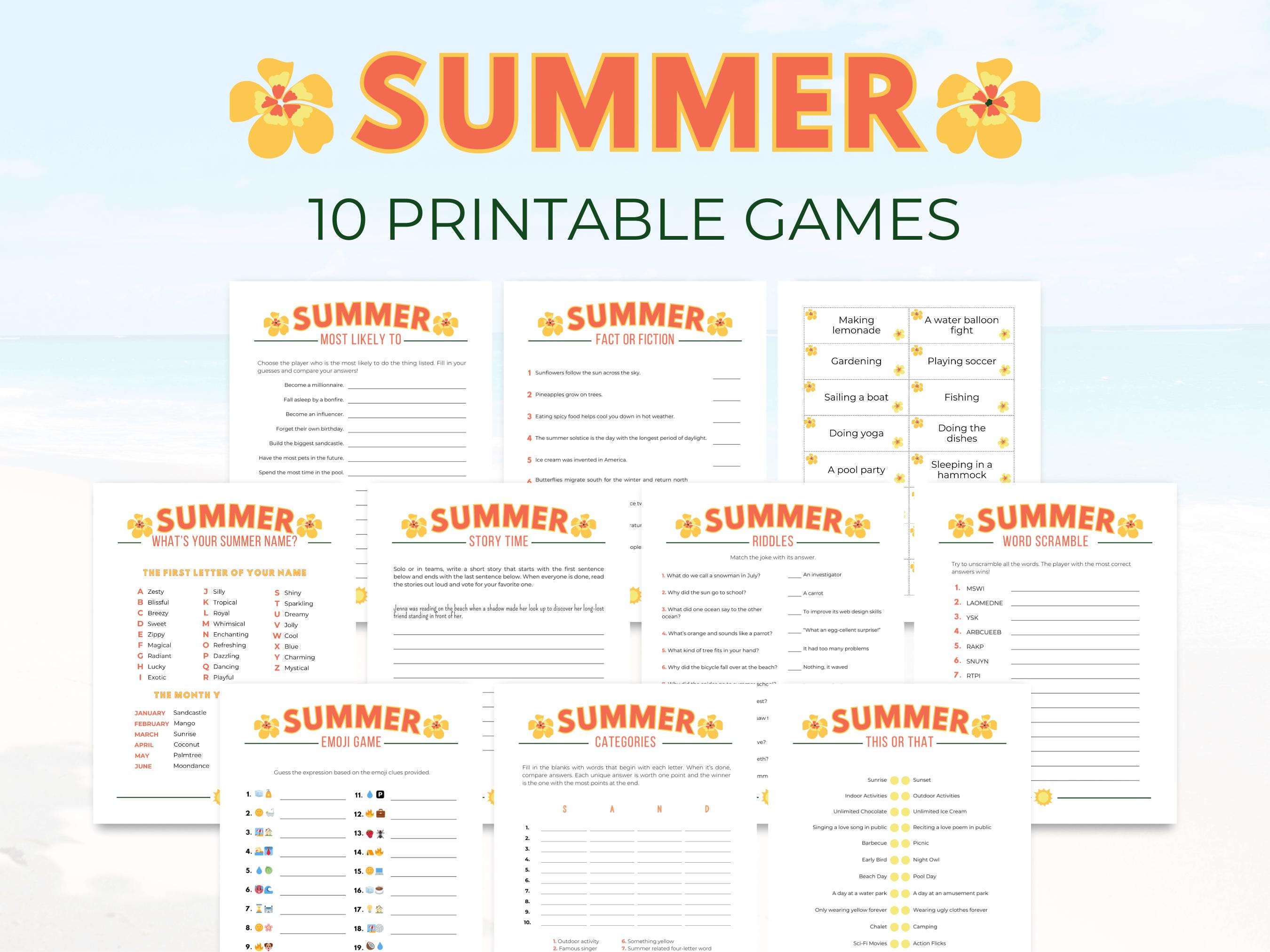 Summer Games, 10 Printable Summer Party Games for Kids and Family ...