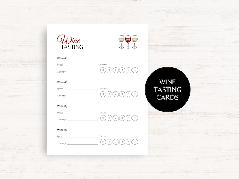 These wine party games include a wine tasting scorecard, wine tasting, wine tasting card.