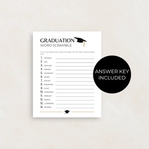 These graduation games include word scramble. The answer key is included. 2025 Graduation party games.