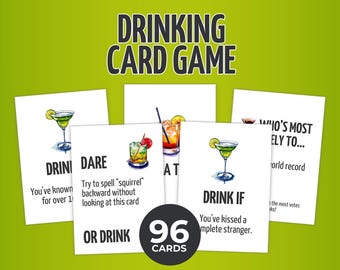 May include: A drinking card game set featuring 96 white cards with black text and colorful cocktail illustrations. The cards display various prompts including Dare, Drink If, and Who's Most Likely To, with a lime green background behind the cards.