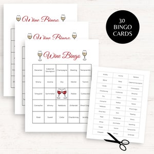 A Wine Bingo Game is included in this wine party bundle. It includes 30 unique cards and the word bank with 36 words.
