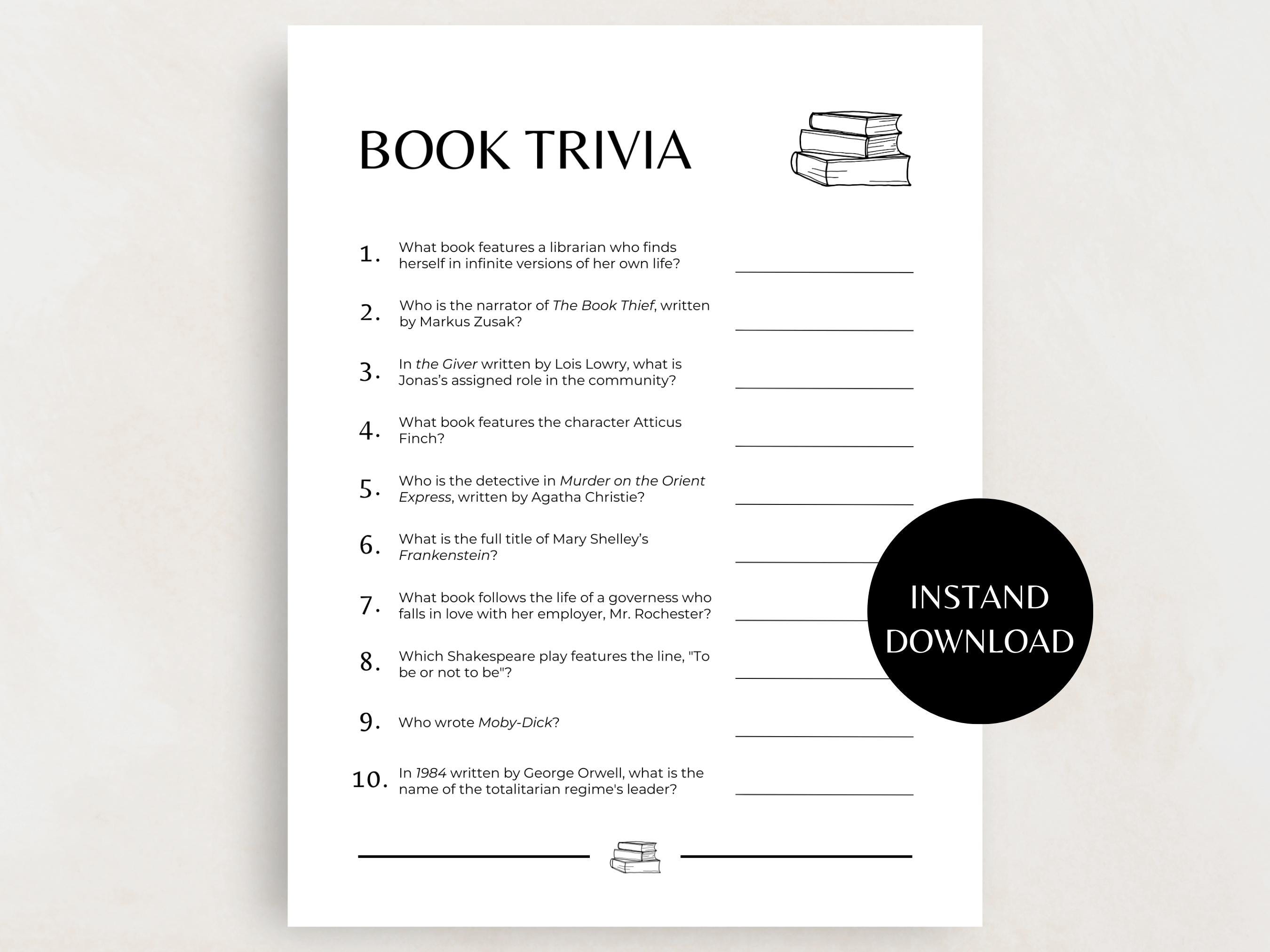 Book Trivia Game, Printable Book Club Game, Book Quiz Game, Fun Game ...