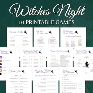 May include: Ten printable Halloween party games with a witch theme. The games include "Which Witch", "What's on Your Phone", "Who's Your Witch Name?", "Witchy Drunk Dice", "Witches Night Real Drink or Not?", "Drink Up Witches", "Who's Most Like a Witch", "This or That", "Witches Night Most Likely To", and "Witchy Fact or Fiction".