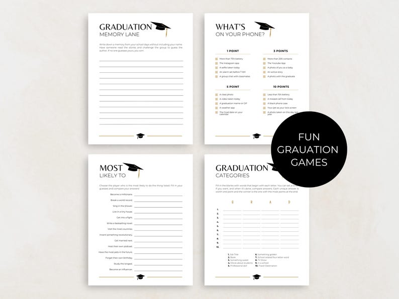 This Printable 2025 Graduation Game Bundle includes: memory lane, what's on your phone, most likely to and categories. 2025 Graduation party games ideas