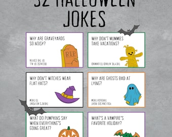 32 Halloween-grappen, Halloween-grappen voor in de lunchbox voor kinderen, printbare Halloween-aftelgrappen, Halloween-activiteit voor in de klas, briefjes voor in de lunchbox