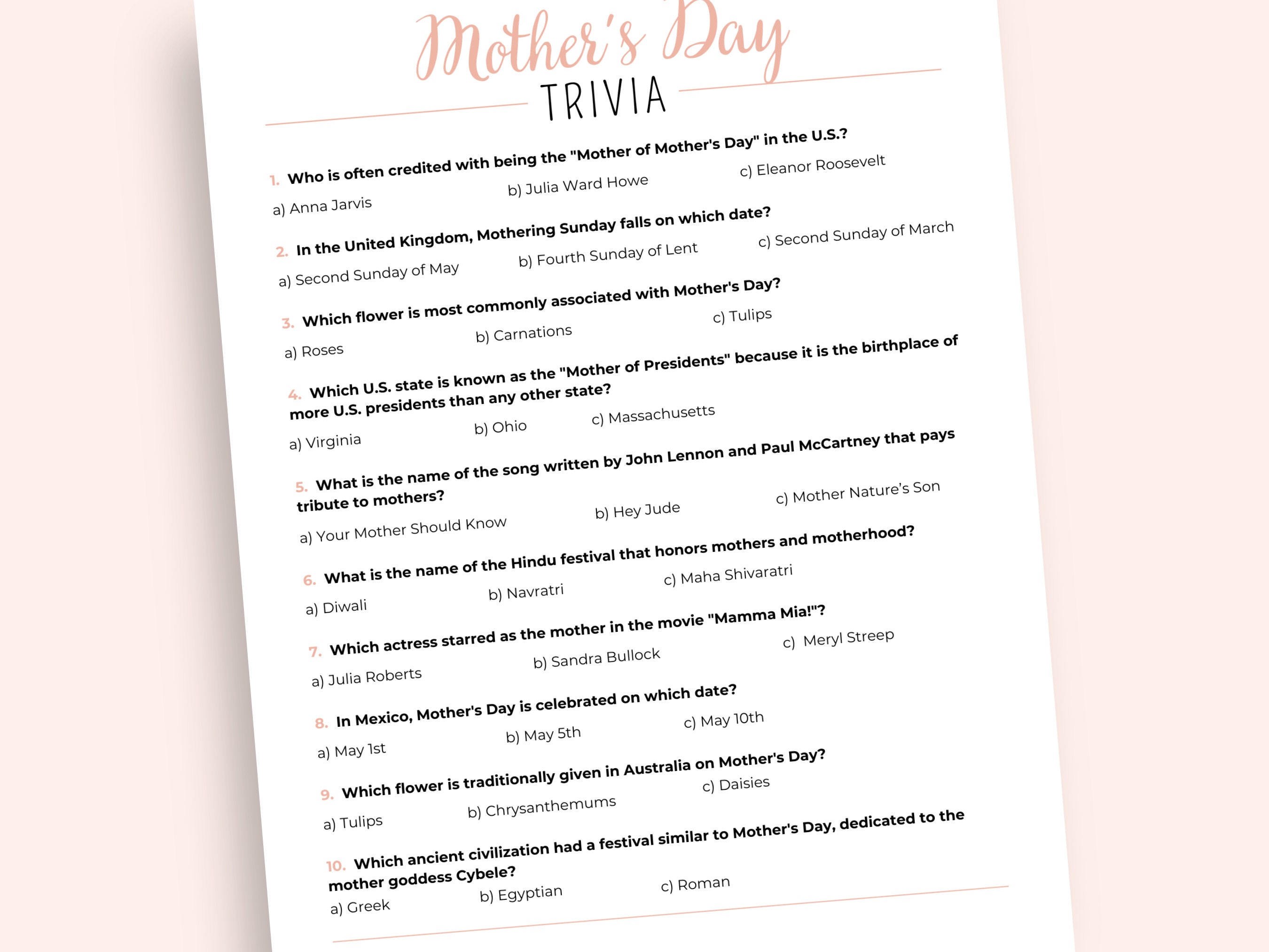 Mother's Day Trivia Game, Printable Mother's Day Activity, Mother's Day ...