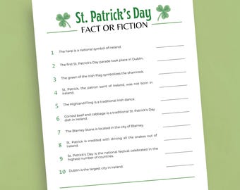 St Patrick's Day Fact or Fiction Game, Printable St Patrick Day Trivia Game, Fun St Patty's Day Party Game, St Patty's Trivia