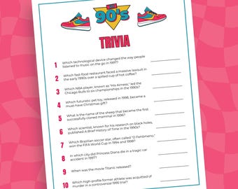 Gioco a quiz anni '90, gioco stampabile per feste a tema anni '90, divertente gioco a quiz anni '90, gioco a quiz per feste anni '90, ritorno agli anni '90
