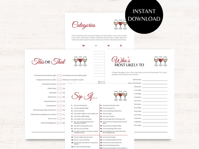 This Wine Party Game Bundle includes Categories, Thir or That, Most Likely to and Sip If. WIne Themed Party, Winery Games.