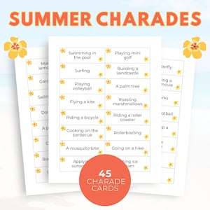 Summer Charades, 45 Summer Charade Cards + 3 blank cards, Fun Printable Summer Game for Kids and Adults, Summer Activity