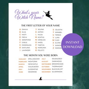 What's Your Witch Name, Halloween Witch Name Game with Tags, Fun Printable Halloween Game for Kids, Teens and Adults, Halloween Activity