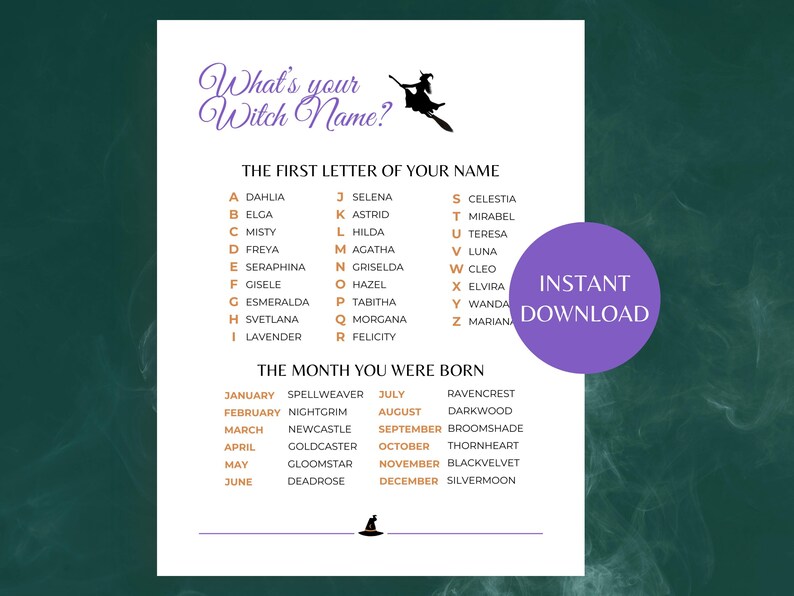What's Your Witch Name, Halloween Witch Name Game with Tags, Fun Printable Halloween Game for Kids, Teens and Adults, Halloween Activity