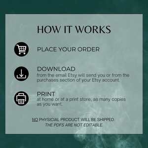 How it works: place the order, download from the email Etsy will send you or from the purchases section of your Etsy account and print at home or at a print store as many copies as you want. No physical product will be shipped.