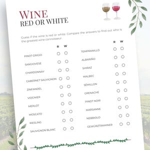 Może przedstawiać: Biała kartka z quizem o winie zatytułowanym "WINE RED OR WHITE". Quiz zawiera odmiany win, takie jak Chardonnay i Merlot, z opcjami wyboru, czy są czerwone, czy białe. Projekt zawiera zielone liście i kieliszki do wina.