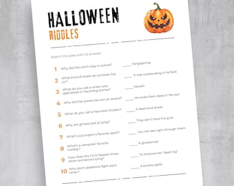May include: A printable Halloween riddle worksheet with a pumpkin illustration at the top. The worksheet has 10 Halloween-themed riddles with their answers listed below.
