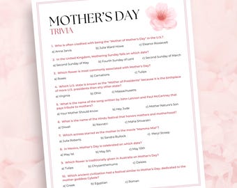 Gra Trivia na Dzień Matki, Trivia dla Mamy do Wydrukowania, Zabawna Aktywność na Dzień Matki, Quiz na Dzień Matki, Gra dla Matek, Gra dla Mam