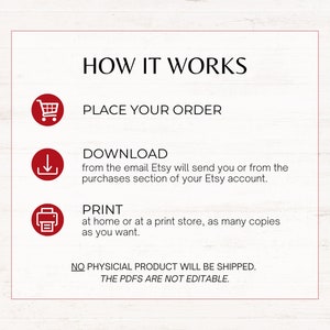 How it works: place the order, download from the email Etsy will send you or from the purchases section of your Etsy account and print at home or at a print store as many copies as you want. No physical product will be shipped.