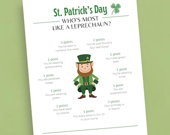 St Patrick's Day Game, Printable St Patrick's Day Who's Most Like a Leprechaun Game, Fun St Patty's Day Party Game, Leprechaun Game