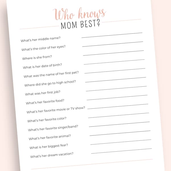 Who Knows Mom Best Game, How Well Do You Know Mom, Printable Mother's Day or Baby Shower Game