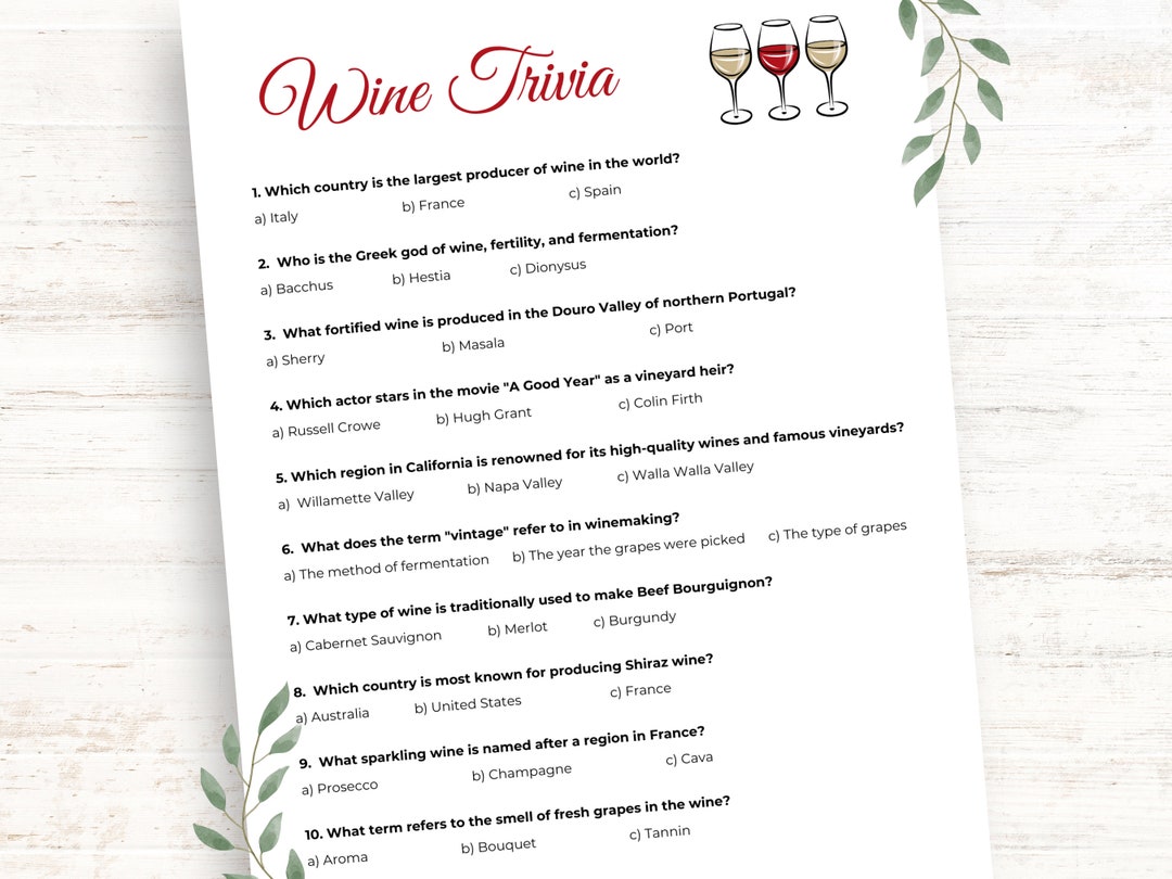 Wine Trivia, Wine Knowledge Quiz, Printable Wine Party Game, Fun Wine ...