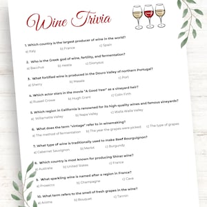 Wine Trivia, Wine Knowledge Quiz,  Printable Wine Party Game, Fun Wine Trivia Game for a Wine Themed Party, Wine Tasting Activity