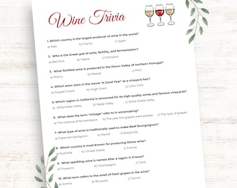 Curiosidades sobre vinhos, questionário de conhecimento sobre vinhos, jogo de festa de vinho para impressão, jogo divertido de curiosidades sobre vinhos para uma festa temática de vinho, atividade de degustação de vinhos