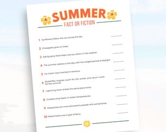 Sommer-Trivia-Spiel, druckbares Sommer Fakt oder Fiktion Spiel für Kinder und Erwachsene, lustige Sommeraktivität, Sommer Quiz, Sommer-Trivia