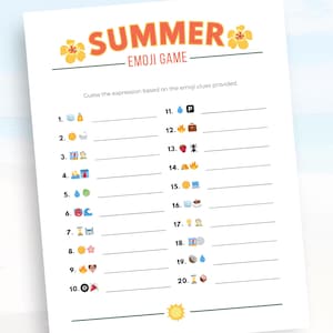 Summer Emoji Game, Printable Summer Emoji Trivia Game for Kids and Family, Fun Summer Activity, Summer Quiz, Summer Trivia, Emoji Pictionary