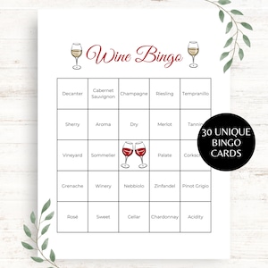 Wijnbingo, 30 unieke wijnbingokaarten, afdrukbaar wijnfeestspel, leuk bingospel voor een wijnthemafeest, wijnproeverij