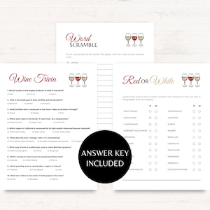These Wine Themed Party Games include wine trivia,word scramble and red or white games. The answer key is included for these wine party games.