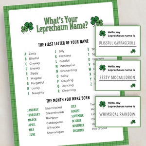 St Patrick’s Day What&#39;s your Leprechaun Name Game with Name Tags, Fun Printable St Patty&#39;s Day Game for Kids and Adults