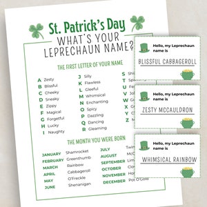 St Patrick’s Day What&#39;s your Leprechaun Name Game with Name Tags, Fun Printable St Patty&#39;s Day Game for Kids and Adults