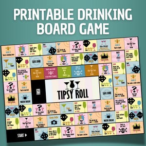 以下が含まれることがあります： 「Tipsy Roll」という印刷可能な飲み物ボードゲーム。カラフルなゲームボードとサイコロがあります。ゲームボードには、さまざまな飲み物のルールやチャレンジが書かれたマスがあります。