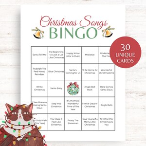 Weihnachtslieder-Bingo, 30 druckbare Weihnachtslieder-Bingokarten, Weihnachtsbingospiel, lustiges Weihnachtsspiel