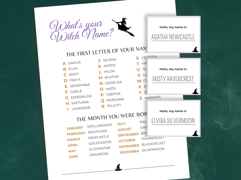 What's Your Witch Name, Halloween Witch Name Game with Tags, Fun Printable Halloween Game for Kids, Teens and Adults, Halloween Activity