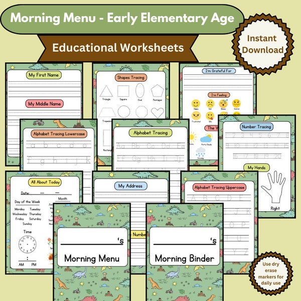 Morning Menu - Morning Binder - Early Elementary Worksheet Set - Educational Worksheets - Dinosaur Style - Nine Sheets -Two Covers
