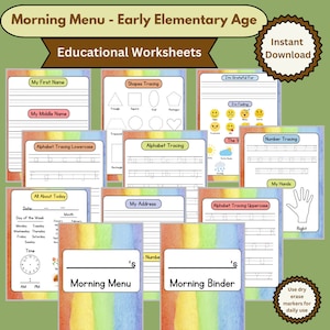 Morning Menu - Morning Binder - Early Elementary Worksheet Set - Educational Worksheets - Rainbow WaterColor Style - Nine Sheets -Two Covers