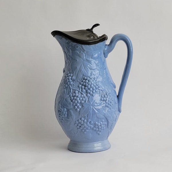 Blue Salt Glaze Victorian Water Jug with Pewter Lid