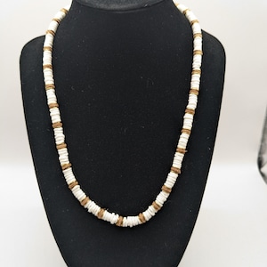 White Puka Shell Heishi Bead Leather Bead Necklace Choker, Surfer, Boho Seashell Necklace