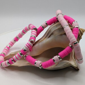 Heishi Pink Clay Bracelet Set, Summer, Surfer, Handmade Stretch Bracelets
